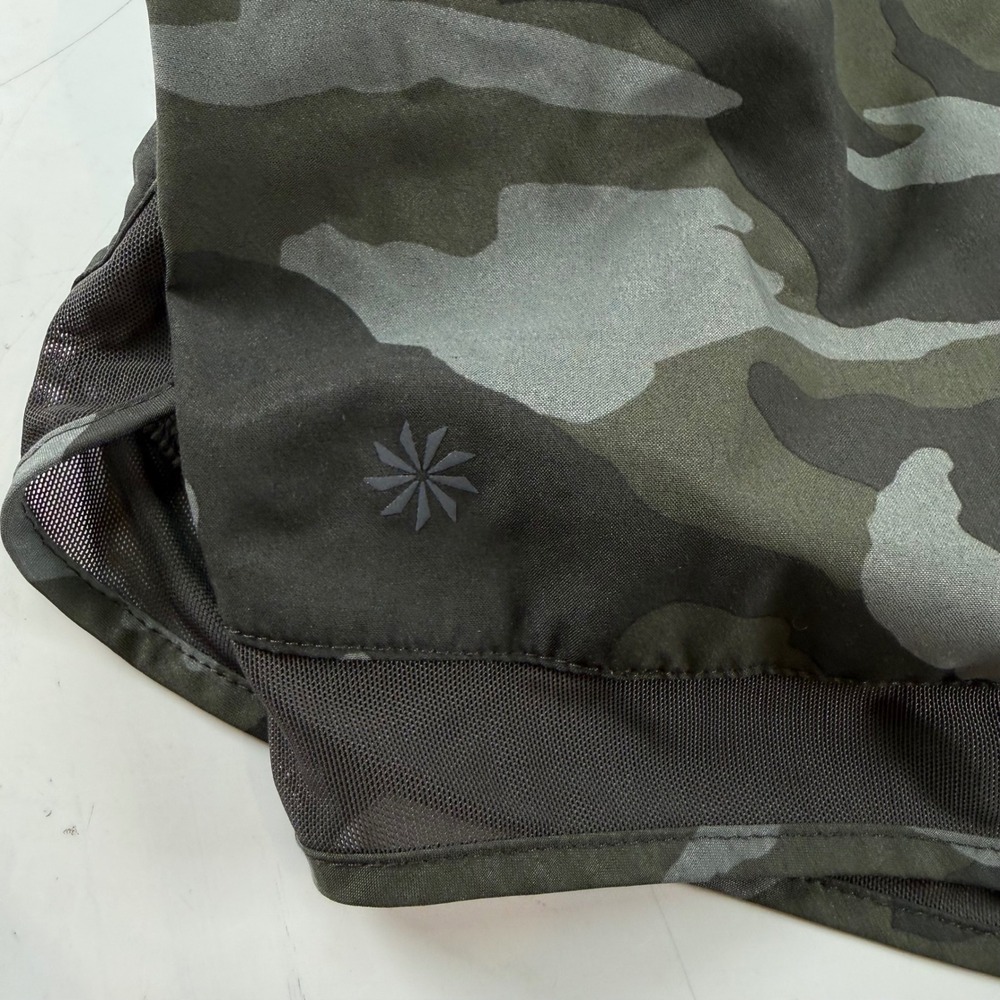Athleta Printed Mesh Racer Run Shorts 4" Camo Size Large Gray Olive Green - Picture 7 of 7